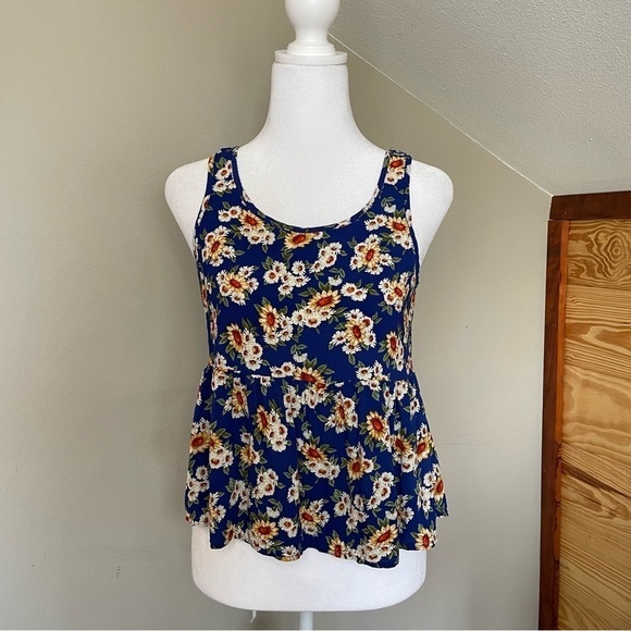 Forever 21 Babydoll Peplum Sleeveless Floral Sunflower Tank Top Small - Picture 1 of 9